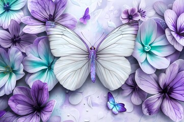 A painting featuring a white butterfly amidst a cluster of vibrant purple flowers