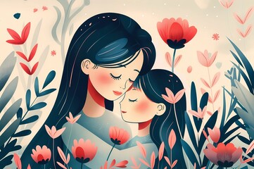 A woman tenderly holds a child in a vibrant field of flowers