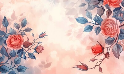 A painting featuring vibrant red roses against a soft pink backdrop, blue floral wallpaper with roses and buds
