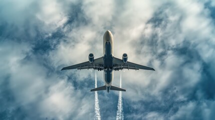 Obraz premium A striking airplane centered in a dynamic sky with detailed clouds, conveying a sense of travel and exploration