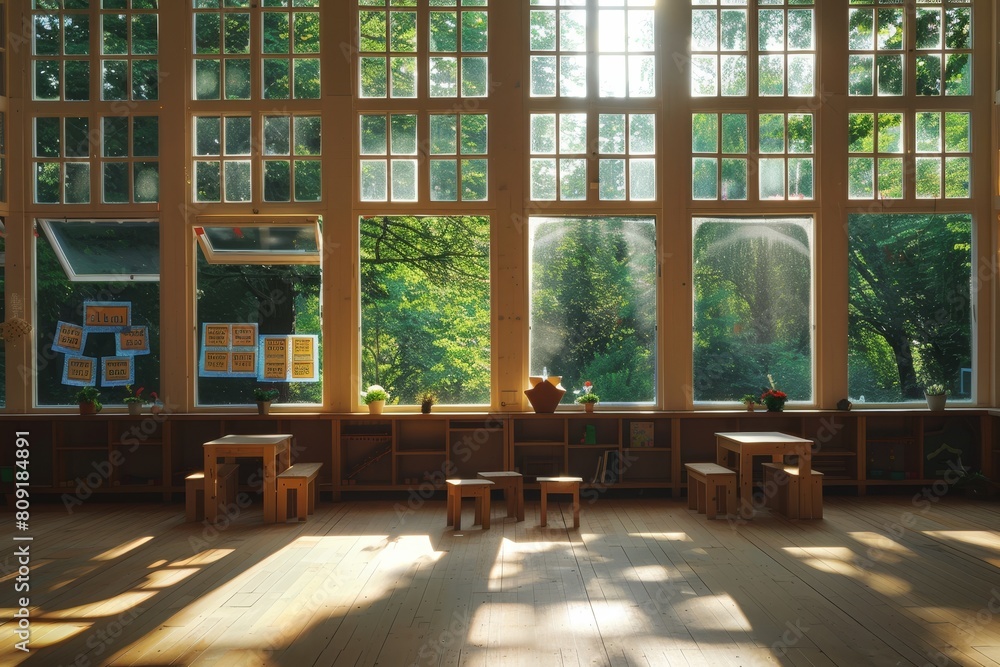 Poster classroom flooded with natural light from multiple windows, showcasing wooden tables and a spacious 