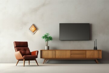 Stylish living room setup featuring a leather armchair, wooden cabinet, and decorative items against a textured wall