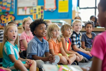 Diverse students sitting in a classroom, engaged in learning activities, A classroom filled with diverse students engaged in collaborative learning