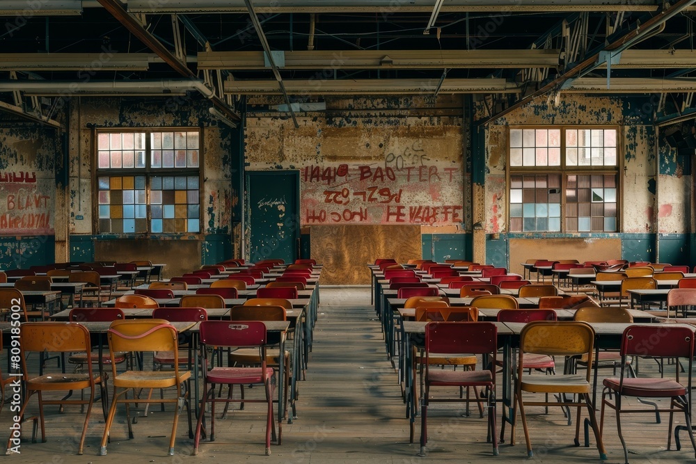Poster a classroom filled with rows of tables and chairs, ready for students to occupy, a classroom filled 