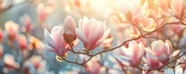Backlit pink magnolia flowers in panoramic view. Soft focus photography with bokeh effect.