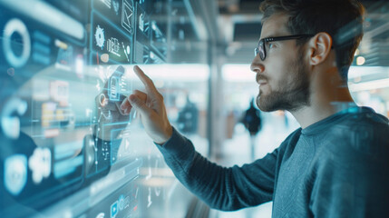 A man in front of a transparent touch screen with icons presses buttons. Internet of Things, information technology.