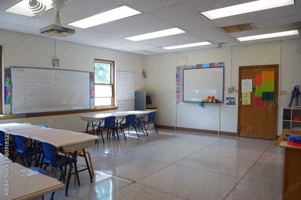 Poster organized classroom with desks arranged neatly in rows facing a whiteboard, a clean and organized cl
