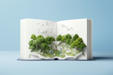 Open storybook with a three-dimensional pop-up landscape of a whimsical forest against a blue...