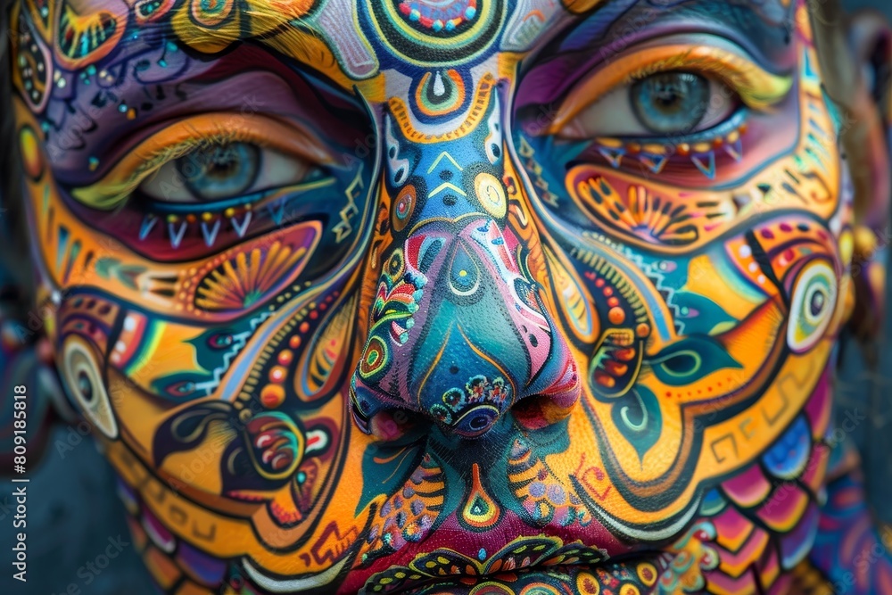 Poster detailed close-up of a persons face painted in bright and intricate colors, a close-up of a face wit