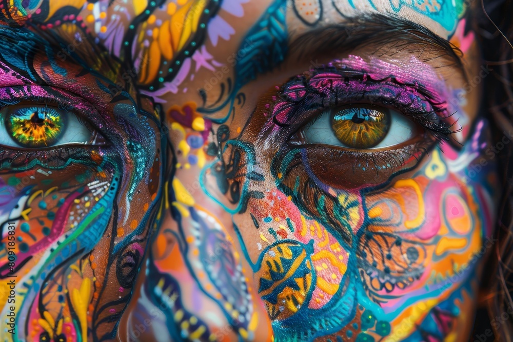 Aufkleber a close view of a womans face adorned with vibrant and elaborate makeup, a close-up of a face with i