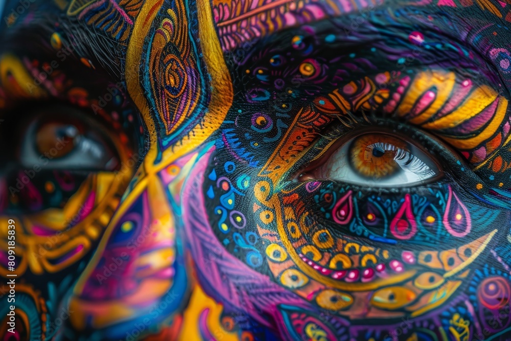 Aufkleber a detailed close-up of a persons face painted in vibrant colors, highlighting intricate patterns and