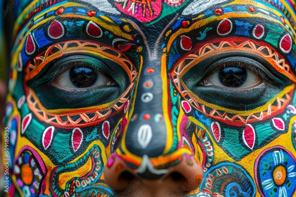 Aufkleber close-up of a persons face painted in vibrant colors, showcasing intricate designs and patterns, a c