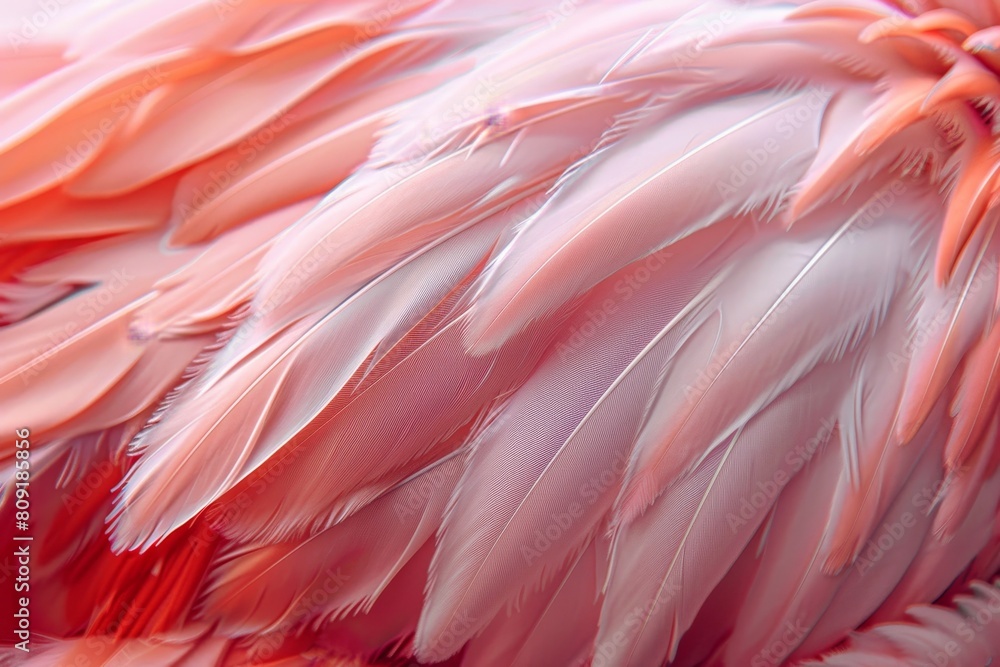 Poster detailed view of a pink flamingos intricate feathers, showcasing delicate patterns and vibrant color