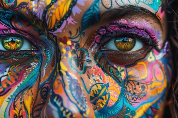 A close view of a womans face adorned with vibrant and elaborate makeup, A close-up of a face with intricate and colorful patterns