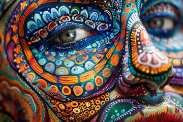Fototapeta premium Detailed close-up of a persons face painted in vibrant colors, A close-up of a face with intricate and colorful patterns