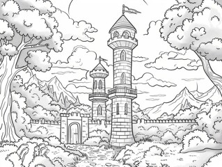 Fototapeta premium Castle of Dreams: Princess Coloring Design for an Artistic Adventure in Our Children’s Coloring Book.