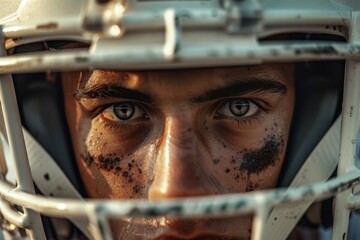 Determined football player in helmet, close up shot, A close-up of a football player's determined expression