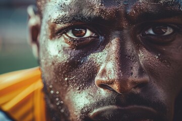 Close-up of a man with mud on his face, showing determination, A close-up of a football player's determined expression