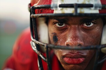 A determined football player in a close-up shot wearing a helmet for protection during the game, A close-up of a football player's determined expression
