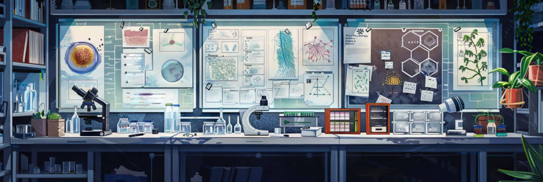 Biologist's Lab Wall: Covered in charts of biological specimens, microscope slides, and a whiteboard with research hypotheses