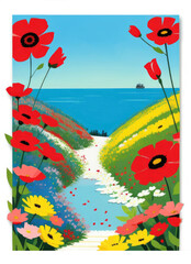 Blooming fields with red poppies against the backdrop of the sea. Vertical postcard
