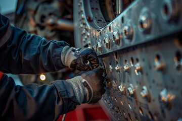 A focused mechanic tightens bolts on an air cffeefabfeaff, surrounded by tools and machinery, A close-up of a mechanic tightening bolts on an airplane wheel landing gear