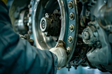 Close up of a person meticulously working on a machine, tightening bolts on an air coffeemaker, A close-up of a mechanic tightening bolts on an airplane wheel landing gear