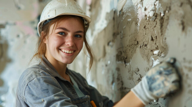 Beautiful female builder, professional in her field, plastering the wall.