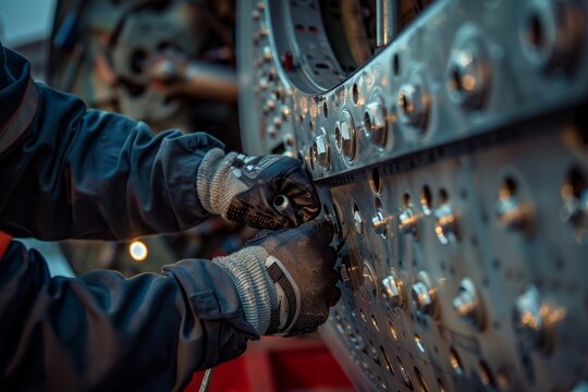 A focused mechanic tightens bolts on an air cffeefabfeaff, surrounded by tools and machinery, A close-up of a mechanic tightening bolts on an airplane wheel landing gear