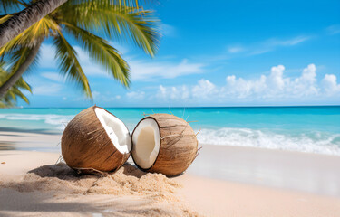 Obraz premium coconuts on white beach sand over blue transparent ocean wave ba
