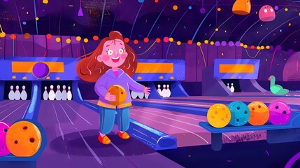 Cheerful woman bowling in a retro-style alley with determination