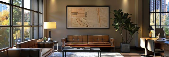 Real Estate Agent's Wall: Featuring property listings, neighborhood maps, and a whiteboard with housing market trends