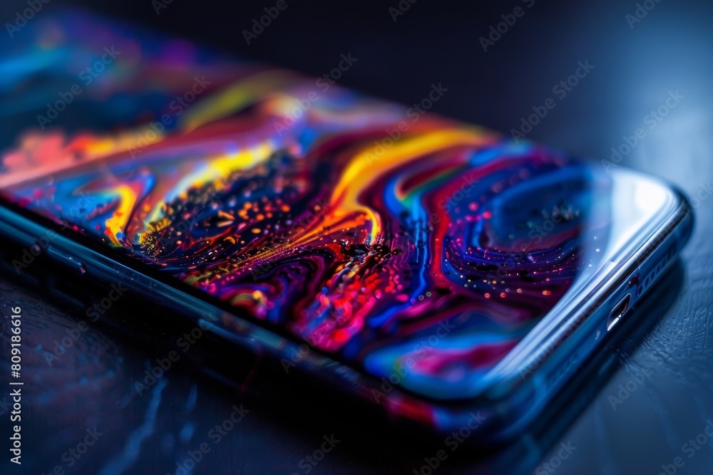 Poster detailed view of a cell phone resting on a table surface, a close-up of a smartphone screen displayi