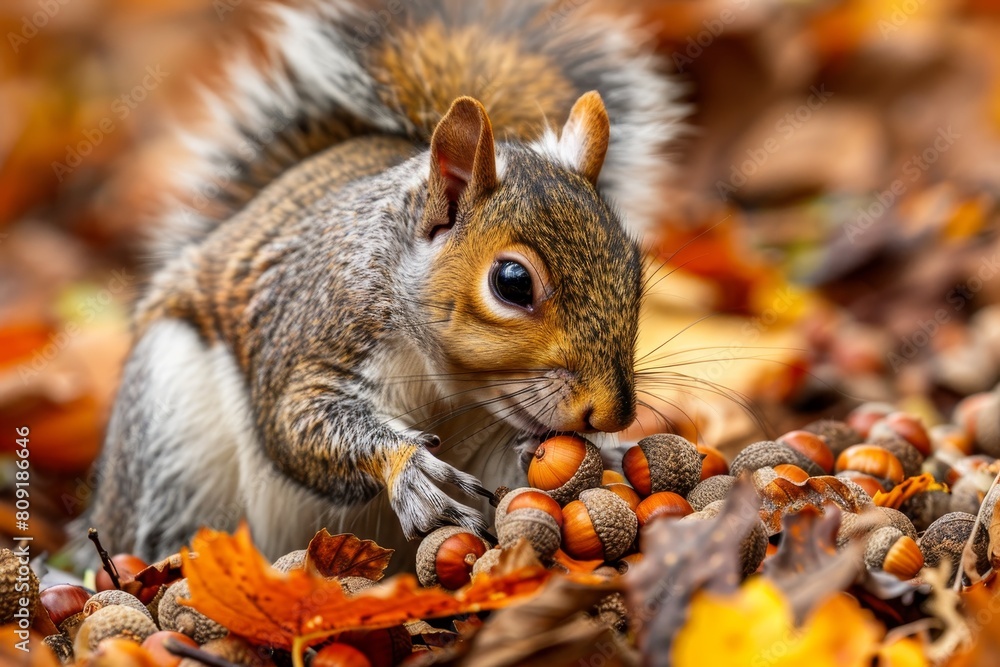 Poster a squirrel is feeding on a nut while surrounded by a heap of fallen leaves, a close-up of a squirrel