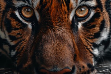 Detailed close-up of a tigers face focusing on its piercing eyes and distinctive stripes, A close-up of a tiger's piercing eyes