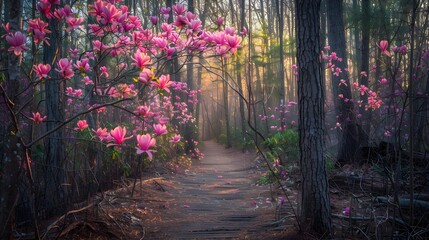Dawns soft light filters through vibrant magnolia blossoms over a wooden forest trail 