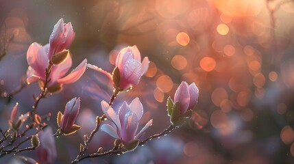 Dawns early light catches the delicate dew on blooming magnolia flowers