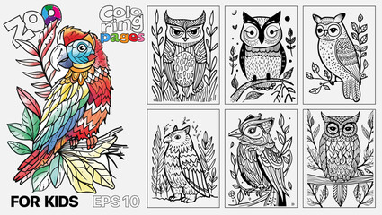 A book of children's coloring pages featuring birds. The pages are designed for kids and come in a set of six
