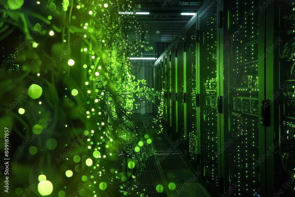 Poster a server room with green lights and a tree in the background
