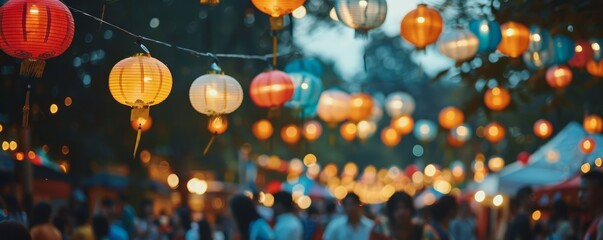Colorful lanterns hanging at night during a vibrant street festival