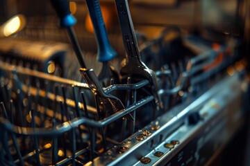 Close up of various utensils placed inside a dishwasher for cleaning, A close-up of tools being used to repair a broken dishwasher - Powered by Adobe