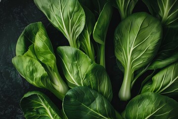 A closeup view of vibrant green bok choy leaves on a table, A close-up of vibrant green bok choy leaves against a dark background - obrazy, fototapety, plakaty