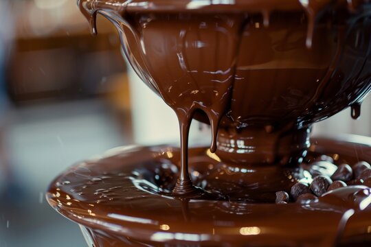 Closeup of a chocolate fountain with rich melted chocolate cascading down, A close-up shot of a dripping chocolate fondue fountain