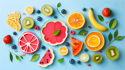 Enjoy a summer vibe with a holiday-inspired assortment of exotic fruits and berries, ideal for vacation party decorations and refreshing summer visuals