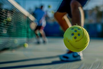 Close-up of a tennis ball with a smiley face drawn on it, ready for a fun game of tennis, A...