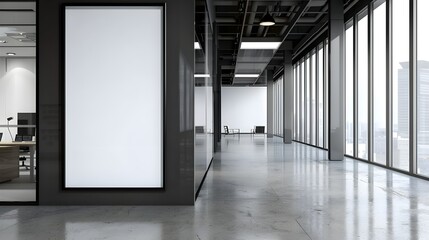 contemporary office corridor interior with mock up white billboard, glass doors, and modern...