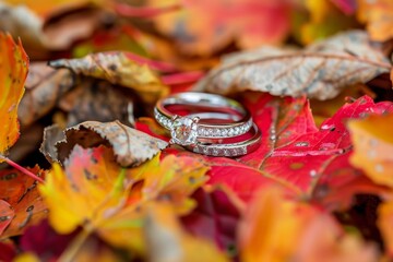Two wedding rings placed on top of a heap of autumn leaves, A close-up shot of two engagement rings nestled among colorful fall leaves