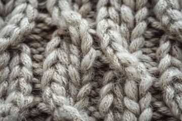 Detailed close-up of a knitted fabric showing intricate stitches and texture, A close-up view of a knitted wool texture with visible stitches