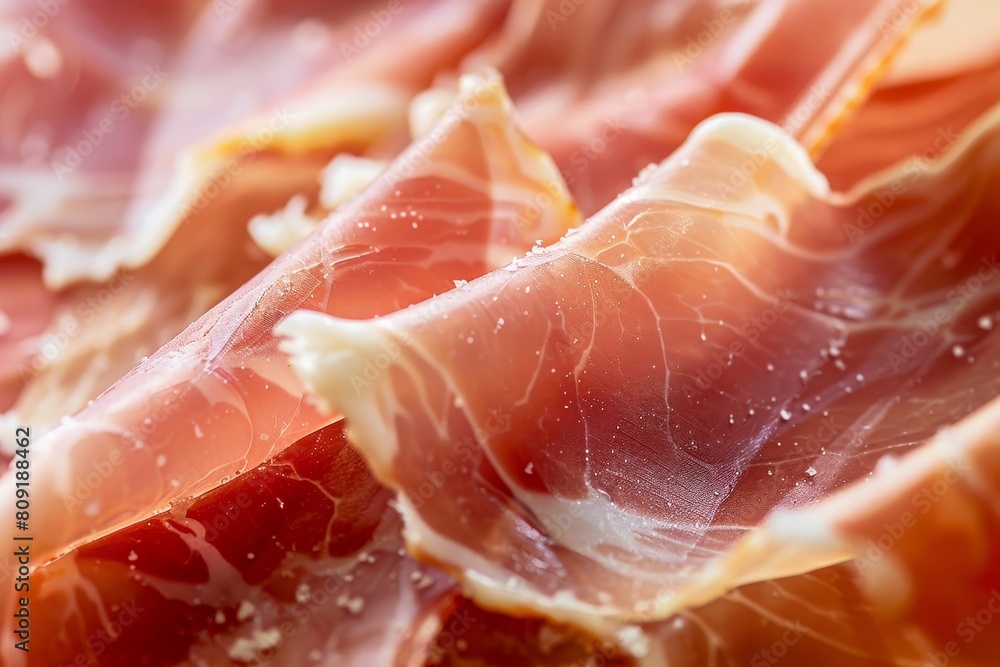 Poster detailed view of a single prosciutto slice resting on a plate, a close-up view of a single prosciutt