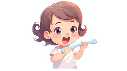 Kid girl in pajamas brushes teeth with tooth brush